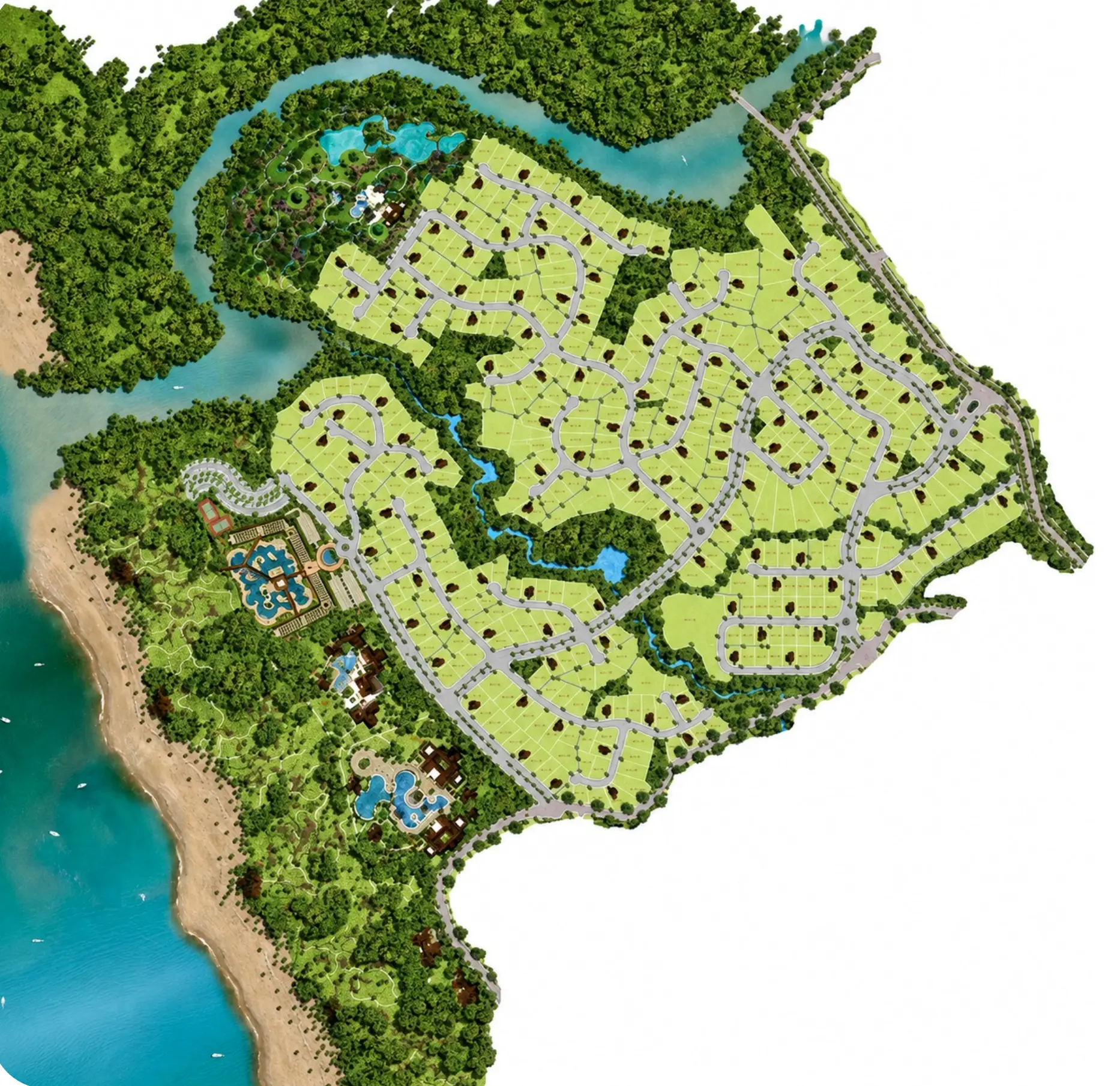 Illustrated master plan of the Costa Brava site showing residential, hospitality, commercial and wellness components