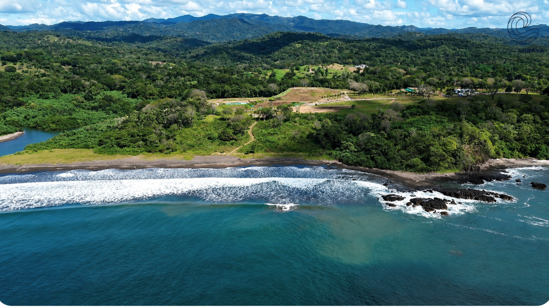 Aerial view of the Costa Brava oceanfront at San Juanillo, Guanacaste